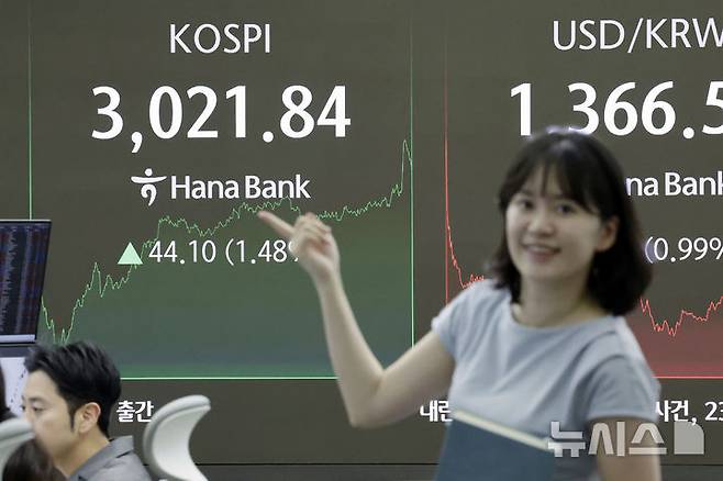 [서울=뉴시스] 최동준 기자 = 코스피 지수가 전 거래일보다 44.1포인트(1.48%) 오른 3021.84로 장을 마친 20일 서울 중구 하나은행 딜링룸에서 딜러들이 업무를 보고 있다. 2025.06.20. photocdj@newsis.com