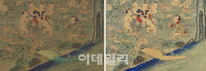 미국 덴버미술관 소장 ‘백동자도 병풍’. 과거 보수 과정에서 덧칠한 녹색 인공안료 제거. 왼쪽이 보존처리 전, 오른쪽은 보존처리 후. (사진=국가유산청)