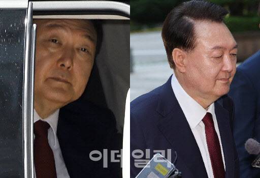 윤석열 전 대통령이 23일 오전 서울 서초구 서울중앙지방법원에서 내란 우두머리 혐의 사건 8차 공판에 출석하고 있다.(사진=이데일리 방인권 기자)