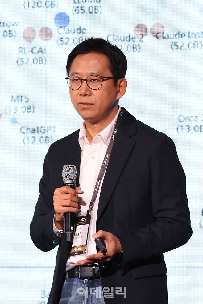 배경훈 LG AI연구원장이 19일 서울 중구 더 플라자 호텔 서울에서 열린 ‘제11회 이데일리 글로벌 AI 포럼(GAIF 2024)‘에서 LG ’엑사원‘과 AI 시장의 미래 주제로 발표하고 있다.