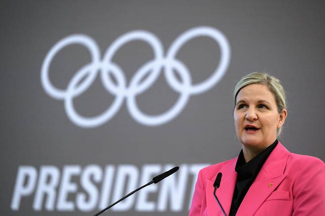 International Olympic Committee (IOC) president Kirsty Coventry delivers her speech during the <저작권자(c) AFP연합뉴스, 무단 전재-재배포, AI 학습 및 활용 금지>