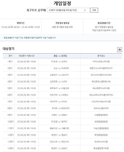 축구토토 승무패 43회차 대상경기.