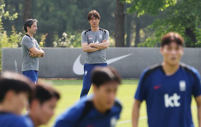 축구 국가대표팀 훈련을 지켜보는 홍명보 감독. /뉴스1