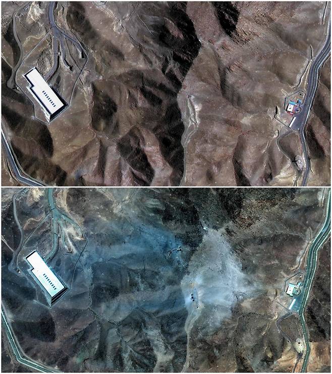 미국의 이란 포르도 핵 기지 공습 전후 모습.아래 사진이 공습후 모습이다. /Maxar Technologies