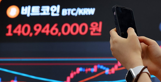 미국의 이란 핵시설 공격으로 중동 긴장이 최고조에 달한 가운데 23일 서울 서초구 빗썸라운지 강남본점 스크린에 비트코인 시세가 표시돼 있다.ⓒ연합뉴스