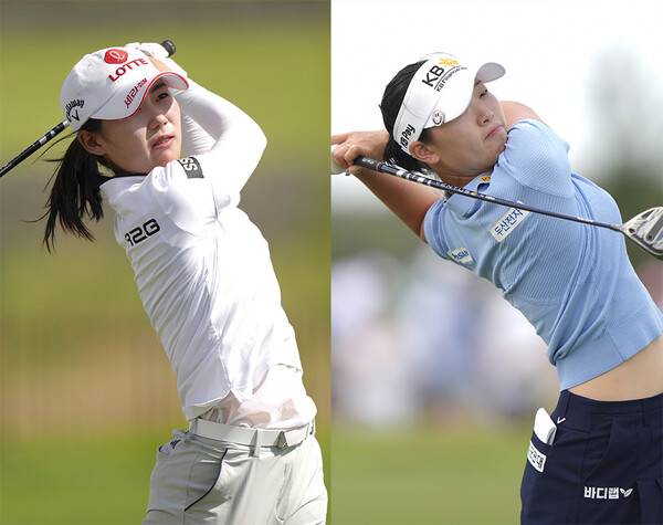 양희영, 김효주, 방신실, 최혜진, 리디아 고, 고진영, 윤이나, 전인지, 넬리 코다, 황유민, 김아림, 박성현, 이정은6, 김세영, 유해란 프로 등이 출전한 2025년 미국여자프로골프(LPGA) 투어 메이저 골프대회 KPMG 위민스 PGA챔피언십에서 황유민, 방신실 프로가 경기하는 모습이다. 사진제공=2025 PGA of America