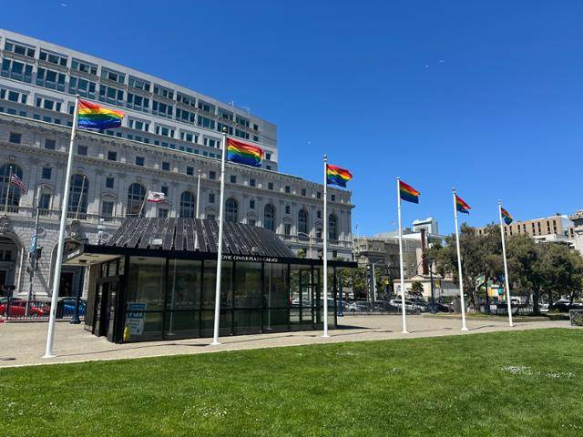 지난 18일 미국 캘리포니아주 샌프란시스코 시청 앞 광장에 6월 프라이드 먼스를 맞아 시가 설치한 무지개 깃발들이 나부끼고 있다. 샌프란시스코=이서희 특파원