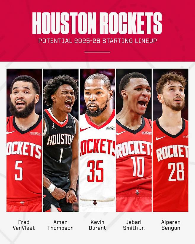 NBA 슈퍼스타 케빈 듀란트(가운데)가 23일 본인 입으로 휴스턴행 소식을 전했다. 사진은 ESPN이 전망한 2025~26시즌 휴스턴의 베스트5. 사진=ESPN SNS