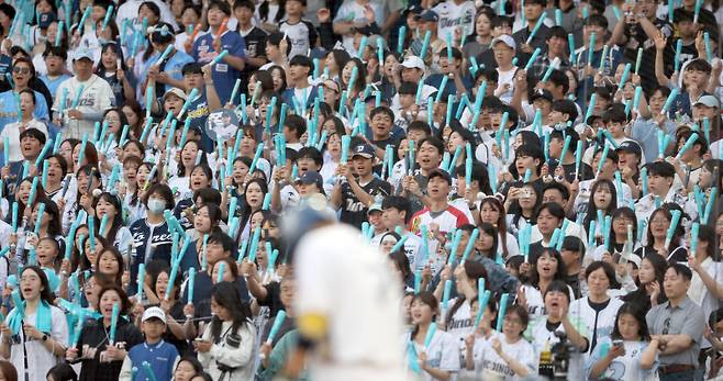 <yonhap photo-5948="">1일 경남 창원NC파크에서 열린 프로야구 2025 신한 SOL 뱅크 KBO리그 한화이글스와 NC다이노스 경기. 1루에서 NC 팬이 응원하고 있다. 2025.6.1 [연합뉴스]</yonhap>