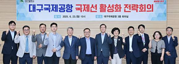 대구국제공항 국제선 활성화 전략회의 참석자들이 기념촬영을 하고 있다 [사진=대구시]