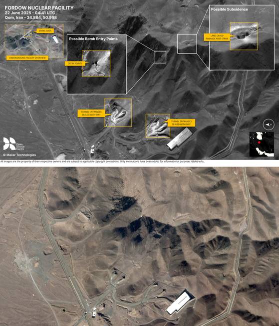 22일 촬영된 이란 포르도 핵시설 위성사진(위)과 지난 13일 촬영된 같은 지역 위성 사진(아래). 13일 사진에서는 주변 산악지역 색깔이 갈색이다. 22일에는 이 지역 색깔이 회색으로 변했다. AFP=연합뉴스