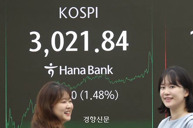 코스피 종가가 전날 대비 44.10포인트(1.48%) 상승한 3021.84원으로 마무리하며 3년6개월 만에 3000선을 넘은 29일 서울 중구 하나은행 딜링룸에서 딜러들이 포즈를 취하고 있다. 한수빈 기자