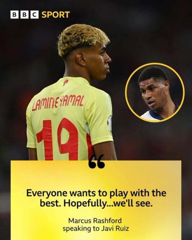 래시포드는 야말에 대한 존중을 아끼지 않았다. 그는 “지금 야말이 하고 있는 일을 말로 표현하는 건 어렵다. 16세, 17세 나이에 그런 것들을 해낸단는 건 상식 밖의 일이다. 지금까지 그런 일을 본 적이 없다. 그 나이에 그런 마인드로 경기를 치르는 건 대단한 능력이다”라고 말했다. 사진=BBC 스포츠 SNS