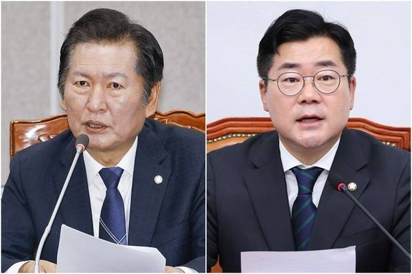 정청래(왼쪽) 더불어민주당 의원과 같은 당 박찬대 의원. 연합뉴스
