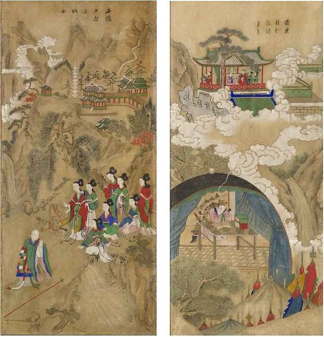 [서울=뉴시스] 구운몽도 병품 성진이 팔선녀를 만나는 장면(1폭)  (오른쪽)양소유가 용왕의 딸 백능파를 만나는 꿈을 꾸는 장면(6폭) (사진=국가유산청 제공:) 2025.06.23. photo@newsis.com *재판매 및 DB 금지