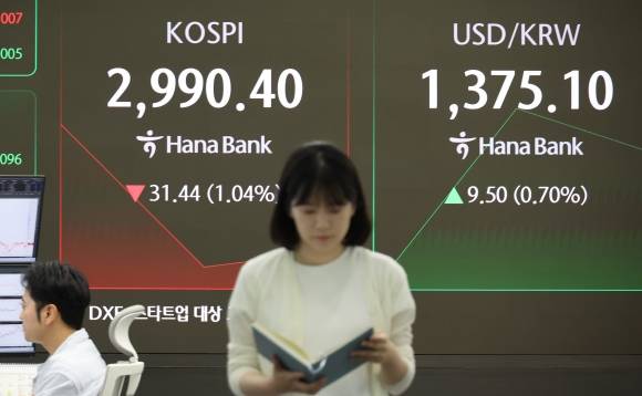 코스피 중동 불안에 3,000선 하향 이탈 - 23일 오전 서울 하나은행 본점 딜링룸에 코스피 지수가 표시돼 있다. 이날 코스피는 미국의 이란 핵 시설 공격으로 중동 불안이 최고조로 치닫자 2,990대로 후퇴했다. 2025.6.23 연합뉴스