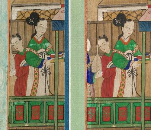 복원 전(왼쪽)과 복원 후(오른쪽)의 모습. 숨겨져 있던 그림 일부가 드러났다. 국가유산청 제공