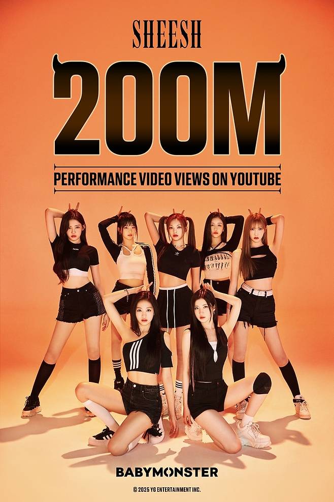 베이비몬스터 공식 데뷔곡 ‘SHEESH’ 퍼포먼스 영상이 유튜브 조회수 2억 뷰를 돌파했다. 사진ㅣYG엔터테인먼트