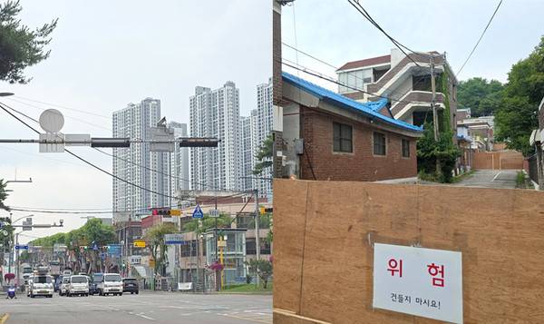 인천시 동구 송림1·2동 주택가가 재개발을 앞두고 텅 비어 있고(왼쪽), 송림동 저층 건물 너머로 신축 아파트가 우뚝 솟아 있다.
