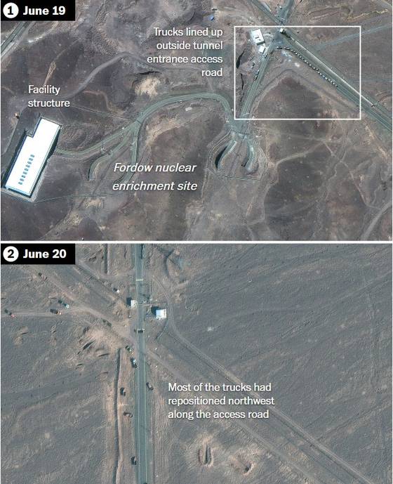 미국 상업위성기업 맥사 테크놀러지가 19일(현지시간) 촬영한 이란 곰주(州) 산악지대의 포르도 핵시설 일대의 위성 이미지. 핵시설로 들어가는 진입로를 따라 모두 16대의 화물트럭이 늘어서 있다.