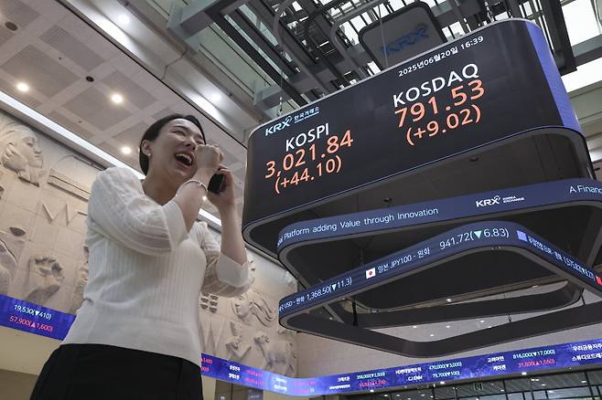 서울 여의도 한국거래소 전광판에 종가가 표시되고 있다. 2025.6.20 임형택 기자