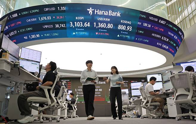 A signboard at a Hana Bank dealing room in central Seoul shows the Kospi closing at 3,103.64 on June 24, up 2.96 percent from the previous trading day. [NEWS1]