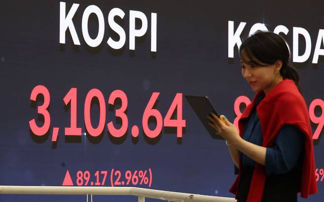 24일 코스피 지수의 종가가 3100을 넘어선 가운데 서울 여의도 한국거래소 홍보관에 종합주가지수가 표시되어 있다. [이승환 기자]