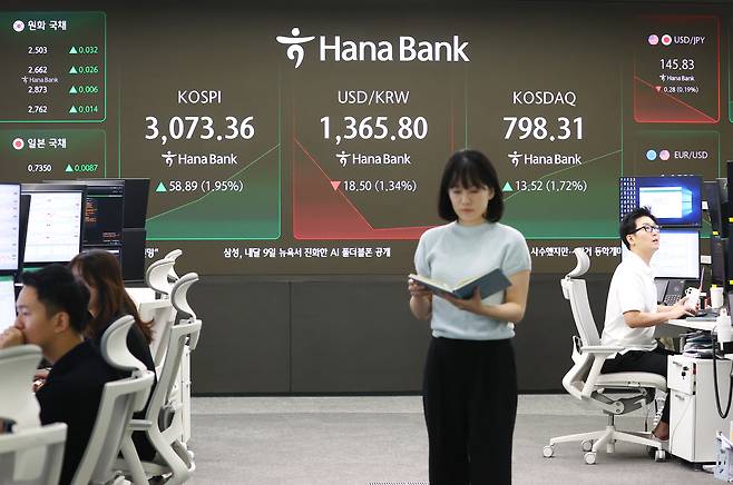 코스피가 이스라엘과 이란의 완전한 휴전 합의 소식에 힘입어 24일 3060대에서 강세 출발한 24일 서울 중구 하나은행 딜링룸 현황판에 코스피 지수 등이 표시되고 있다.  이날 오전 9시 2분 현재 코스피 지수는 전장보다 55.04포인트(1.83%) 오른 3,069.51을 나타냈다.  같은 시각 코스닥 지수는 전장보다 13.43포인트(1.71%) 오른 798.22다. [연합]