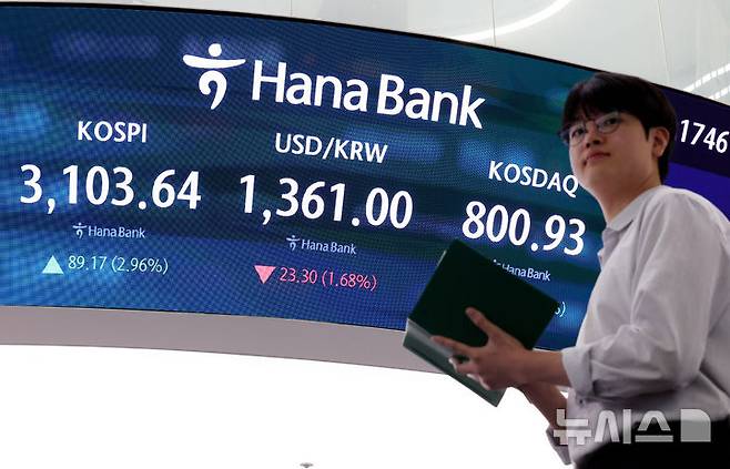 [서울=뉴시스] 김진아 기자 = 코스피 3년 9개월 만에 3,100선 회복한 24일 서울 중구 하나은행 딜링룸에서 딜러들이 업무를 보고 있다. 코스피는 전 거래일(3014.47)보다 89.17포인트(2.96%) 오른 3103.64에, 코스닥 지수는 전 거래일(784.79)보다 16.14포인트(2.06%) 상승한 800.93에 거래를 종료했다. 2025.06.24. bluesoda@newsis.com