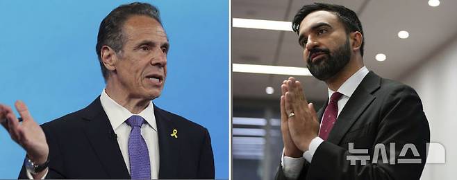 [AP/뉴시스] 24일 미 뉴욕시장 민주당후보 경선에서 맞붙는 앤드류 쿠오모 전 뉴욕 주지사(왼쪽)와 진보파 옹위를 받는 조란 맘다니 주의회 의원