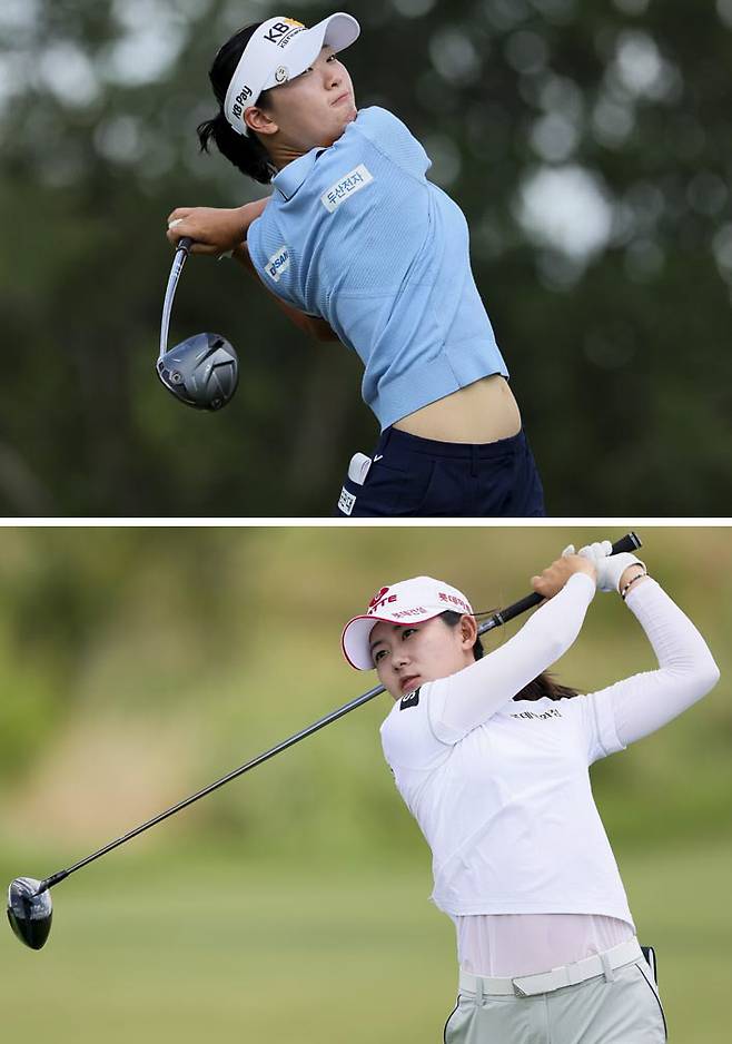 방신실(위)과 황유민이 지난 22일 미국 텍사스주 프리스코의 필즈 랜치 이스트 앳 PGA 프리스코에서 열린 LPGA 투어 KPMG 위민스 PGA 챔피언십 3라운드에서 힘차게 드라어버샷을 날리고 있다. 게티이미지코리아