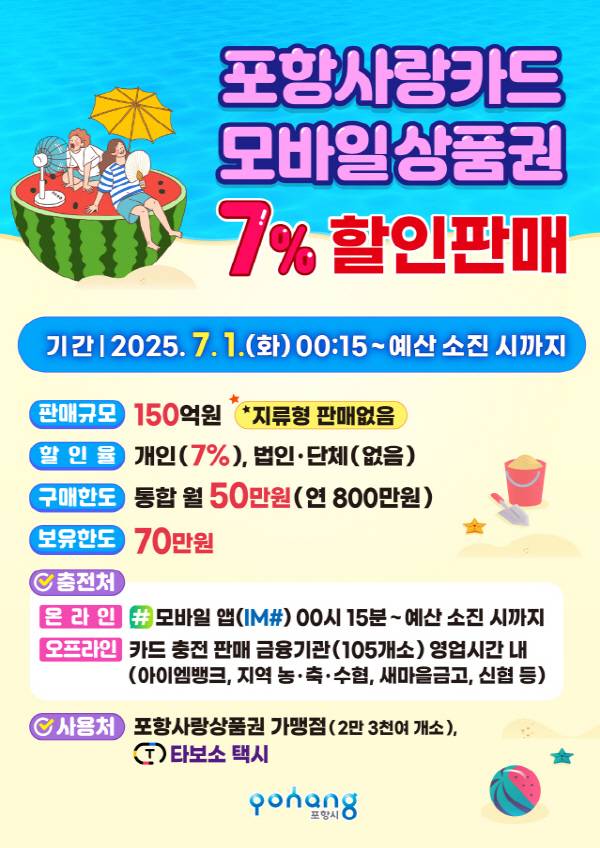 7월 포항사랑상품권 7% 할인 판매 홍보물.