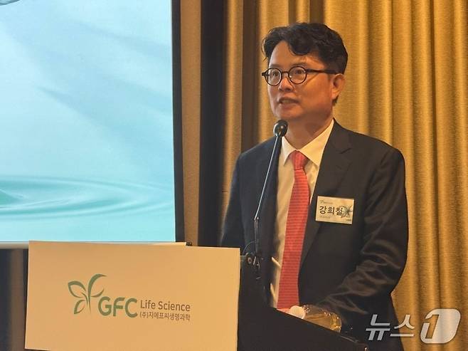 강희철 지에프씨생명과학 대표이사가 12일 서울 여의도 콘래드호텔에서 열린 IPO 기자간담회에서 발언하고 있다. ⓒ 뉴스1 김형준 기자