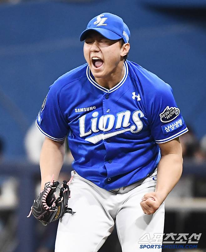 22일 서울 고척스카이돔에서 열린 삼성-키움전. 8회말 2사 1, 2루에서 등판한 배찬승이 송성문과의 승부에서 헛스윙 삼진을 확신하며 포효하고 있다. 하지만 심판은 파울을 선언했고 결국 내야 뜬공으로 처리했다. 고척=정재근 기자 cjg@sportschosun.com/2025.5.22/