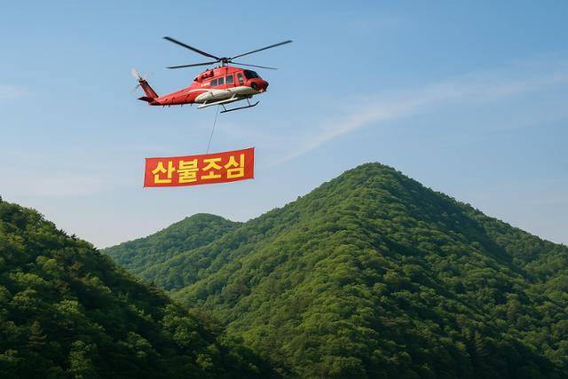 충남도의 봄철 산불 최소화 성과에는 헬기를 활용한 산불 예방 활동이 큰 역할을 했다. 사진은 충남 지역에서 산불 예방에 나선 소방 헬기를 표현한 가상 이미지로, 한국일보 인공지능(HAI) DALL·E-3가 제작했다.