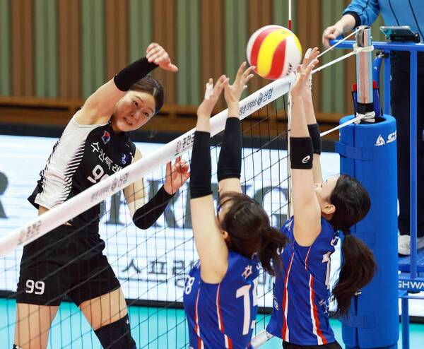 여자 실업배구 최강 수원시청이 오는 7월 2일 개막하는 ‘2025 한국실업배구연맹 & 프로배구 퓨처스 챔프전’에서 프로 강호들을 상대로 자존심 대결을 펼친다. 사진은 지난 4월 한국실업배구 연맹전 결승 경기 모습.한국실업배구연맹 제공