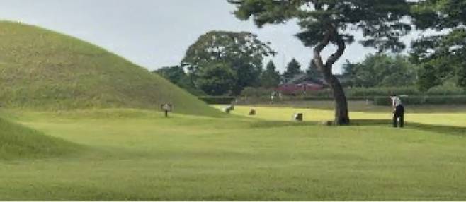 경주 왕릉 잔디밭에서 골프 연습을 하는 남성. [JTBC 캡처]
