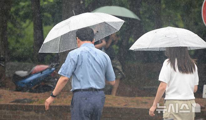 [전주=뉴시스] 김얼 기자 = 전북 대부분 지역에 장맛비가 내리기 시작한 24일 전북 전주시 전북대학교에서 시민들이 우산으로 비를 피하며 교정을 지나고 있다. 2025.06.24. pmkeul@newsis.com