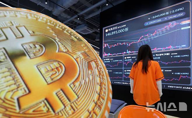 [서울=뉴시스] 김혜진 기자 =서울 강남구 빗썸 라운지 전광판에 비트코인 시세가 표시되고 있다. 2025.05.29. jini@newsis.com