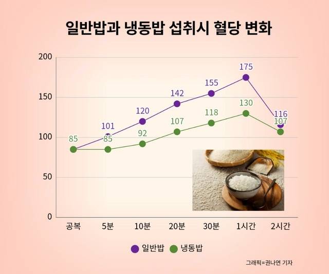 일반밥과 냉동밥 섭취시 혈당 변화 추이