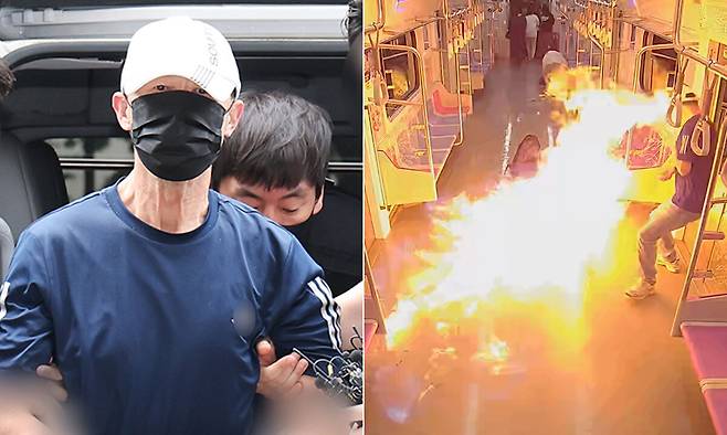 (왼쪽부터)운행 중인 서울지하철 5호선 열차에서 불을 지른 원 모 씨가 지난 2일 서울 양천구 서울남부지법에서 열린 구속 전 피의자 심문(영장실질심사)에 출석하고 있다. 사건 당시 지하철 내부 모습. 뉴스1·서울남부지검 제공