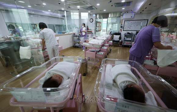 서울 시내 한 산후조리원의 신생아실 모습. 서울신문 DB