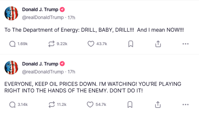 도널드 트럼프 미국 대통령이 23일(현지 시간) 소셜네트워크 트루스소셜에 “모두 유가를 낮춰라. 내가 지켜보고 있다”는 글을 올렸다. 출처: 소셜트루스 캡쳐