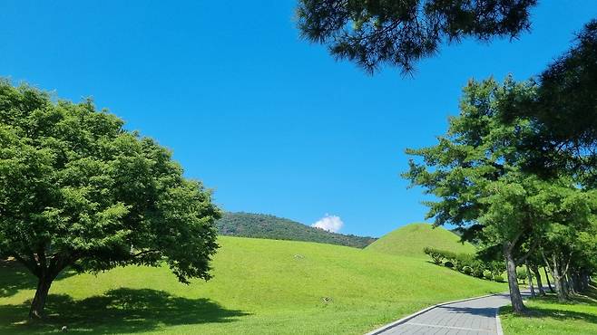 초여름 푸른 하늘 아래 무열왕릉이 보인다.