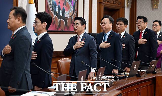 김용현 국방부 장관등 각 부처 장관들이 3일 오전 서울 종로구 정부서울청사에서 열린 국무회의에 참석해 국기에 대한 경례를 하고 있다. /임영무 기자