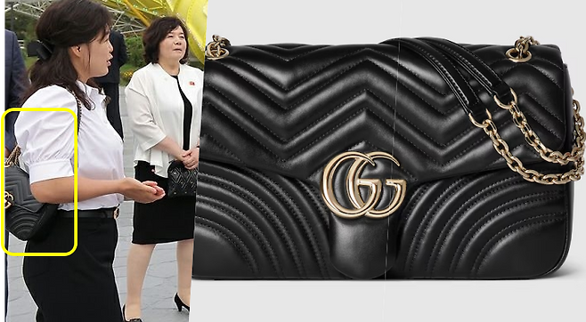 This combined photo shows Ri Sol-ju apparently carrying a luxury Gucci handbag (left) and the Gucci GG Marmont large shoulder bag. /Rodong Sinmun, Gucci website