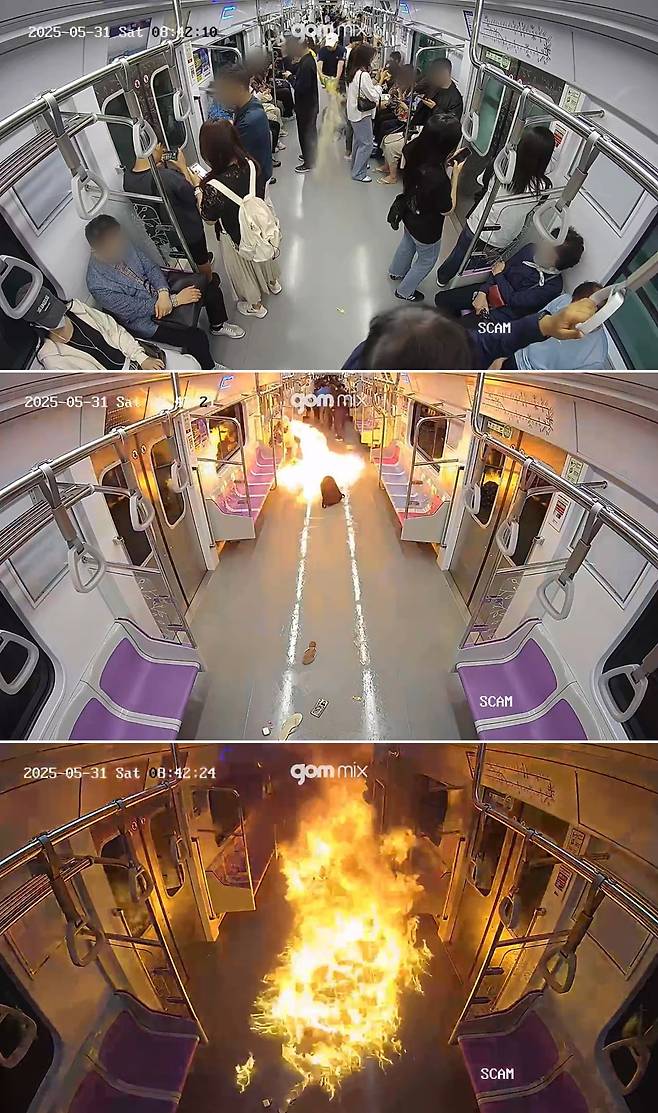 검찰이 25일 공개한 사건 당시 지하철 내부 방범카메라(CCTV) 영상에 원씨가 가방에 숨겨뒀던 휘발유를 바닥에 쏟아부은 뒤 라이터로 불을 붙이자 순식간에 열차 내부에 불이 번지는 모습이 담겼다. /서울남부지검