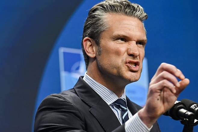 피트 헤그세스 미 국방장관이 25일 네덜란드 헤이그에서 열린 나토 정상회의에서 발언을 하고 있다. /EPA 연합뉴스