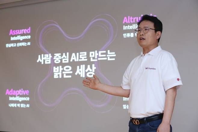 전병기 LG유플러스 AX기술그룹장(전무)이 26일 오전 서울 LG서울역빌딩에서 열린 'AI 보안 기술 설명회'에서 4A 전략에 대해 소개하는 모습ⓒLG유플러스