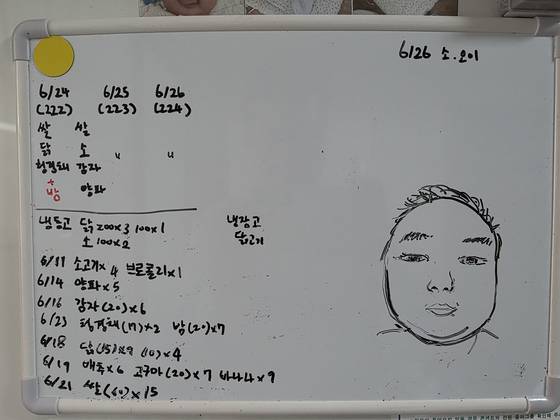 송유진씨가 양육 플래너의 도움을 받아 화이트보드에 승주군의 이유식 식단표를 적어 놓았다. 이영근 기자